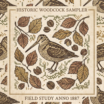 Vintage style woodcock bird illustration featuring intricate cross stitch embroidery patterns and autumn foliage on a textured linen background for rustic nature themed design projects
