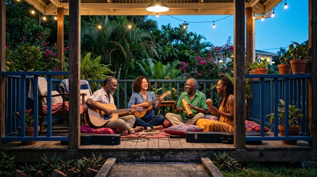 Friends begin a Trinidad parang rehearsal on a porch