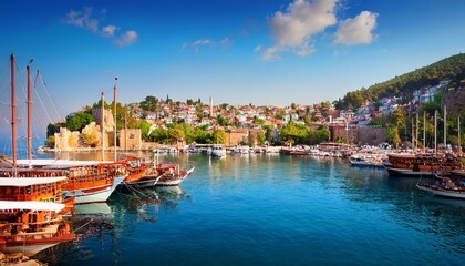 Obraz premium the port in antalyars historic kaleici district turkey features a harbor bustling with boats and a hillside town