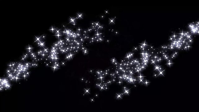 Retro white twinkle stars motion line effect, glitter star burst glowing flat vector doodle glitter, with twinkling star particles and magical fairy dust trails, valentine on black screen overlay. 4k