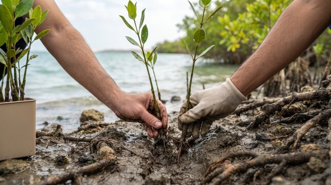 Hands plant mangrove seedlings along a Qatar shore