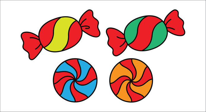 Colorful hard candies and swirl lollipops are depicted in a vibrant vector illustration confectionery sweets sugar treats dessert flat design bright colors red candy yellow