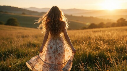 Obraz premium Back view of young woman with long blonde hair in floral dress. Stands in summer meadow field at sunset. Golden hour sunlight glows behind silhouette. Carefree girl enjoys peace, freedom in beautiful