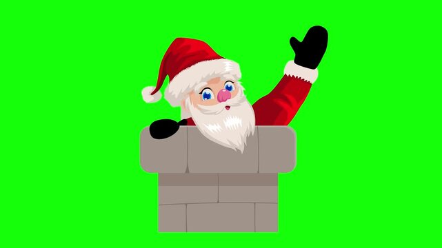 Cheerful cartoon Santa Claus rises from a chimney and waves animation, isolated on green screen for Christmas holiday videos, greetings and promotions.