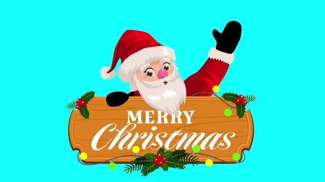 Cheerful cartoon Santa Claus waving behind a wooden Merry Christmas sign decorated with colorful lights. Christmas greeting animation on blue screen for chroma key compositing.