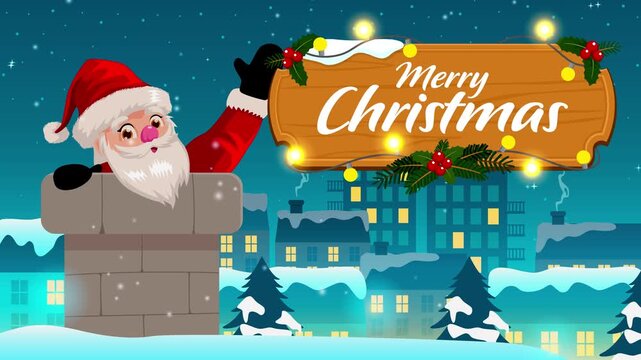 Festive cartoon Santa waving from a chimney beside a glowing Merry Christmas sign, with a cozy winter town. For seasonal greetings, holiday promotions, social media, advertising, festive announcements