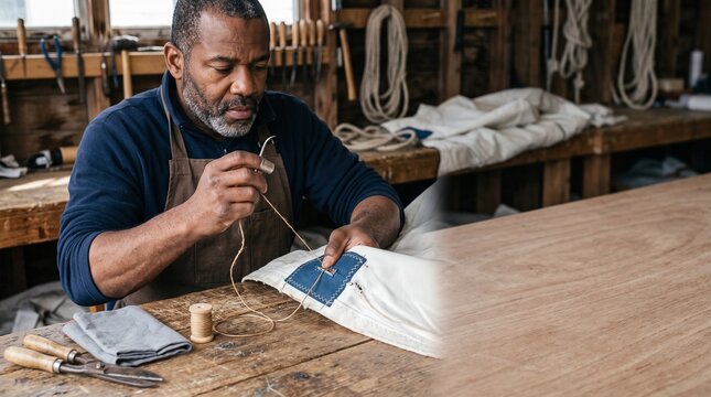 Hand sewing a blue patch into weathered sailcloth