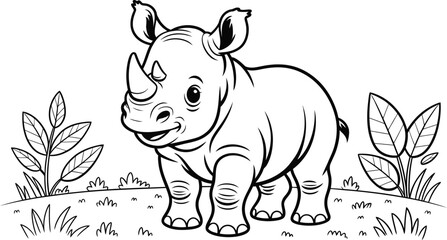 Cute little baby rhino cartoon outline standing in grassy field for coloring book design and children's activity pages. © Monoara