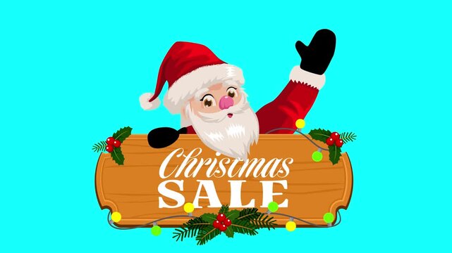 Cheerful cartoon Santa Claus waving behind a wooden Christmas Sale sign decorated with colorful lights. Christmas display animation on blue screen for chroma key compositing.