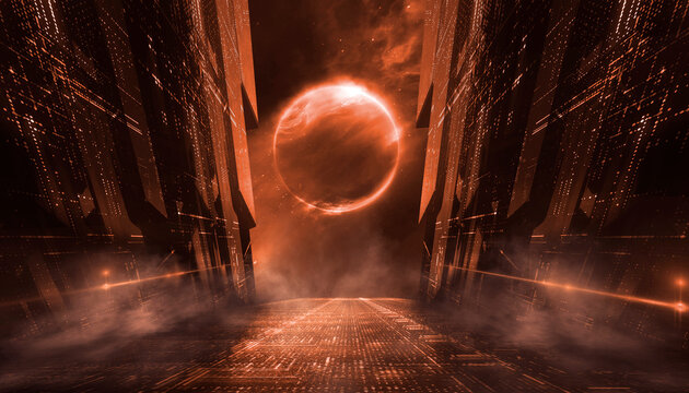 Abstract futuristic background with high-tech structure, orange laser beams and cosmos
