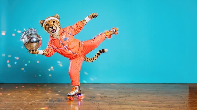 Fun cheetah mascot in orange tracksuit roller skating with a disco