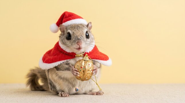 Flying squirrel wearing santa hat and cape holding christmas