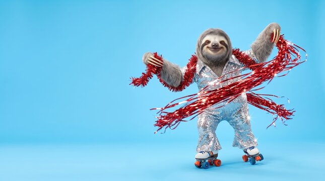 Sloth Dancing in Silver Sequined Disco Jumpsuit and Roller Skates