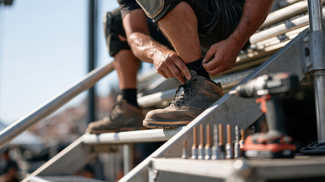 Steel-toe boots and heavy-duty knee pads as a stage carpenter installs a custom handrail along a performer entry stair at an outdoor amphitheater, cordless drill and countersink