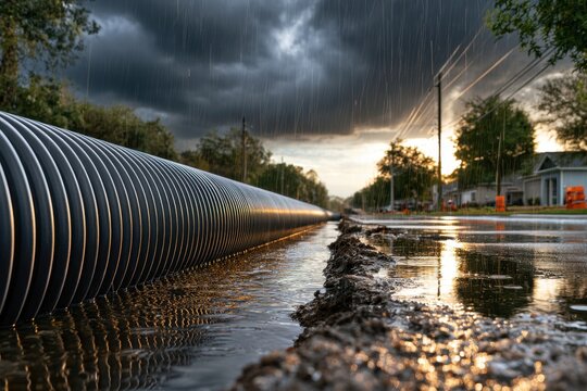 Large drainage pipe installation along wet muddy road during rain with dark stormy clouds and sunset reflections on water surface in suburban area