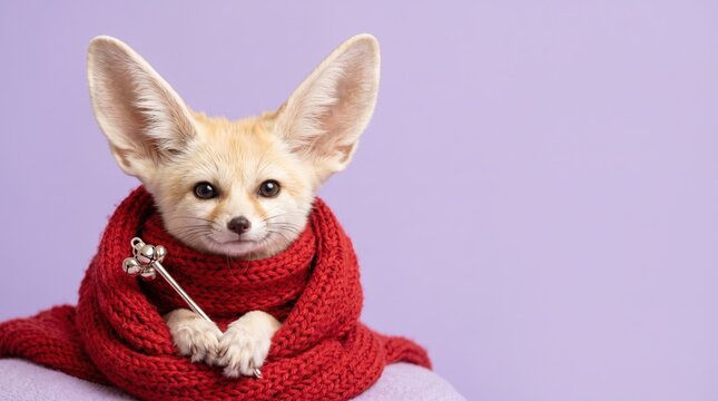 Fennec fox wrapped in a red knitted scarf