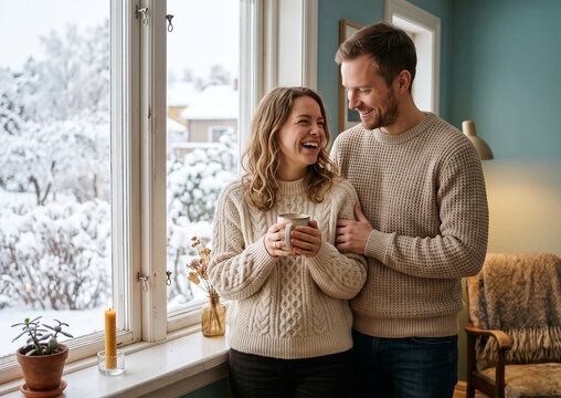 happy young couple in cozy sweaters standing near snowy window with mug