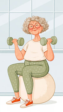 Cartoon elderly woman with dumbbells on a fitness ball in a gym, flat design.
