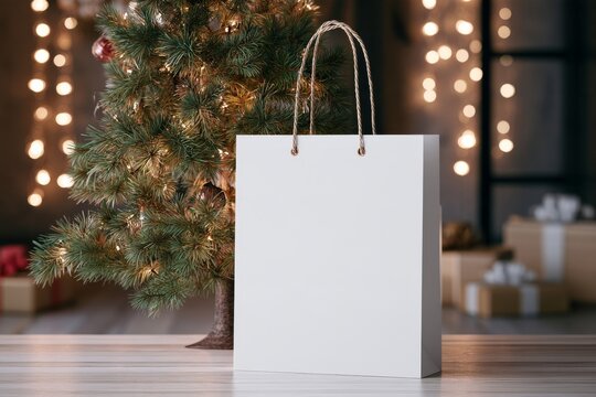 Empty gift bag in front of decorated Christmas tree with lights and presents in room setting