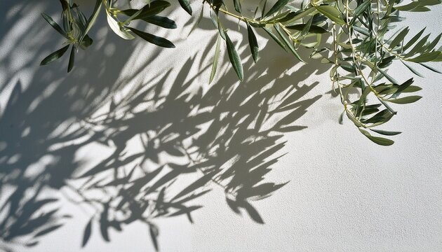 olive tree branches casting shadows on a white wall
