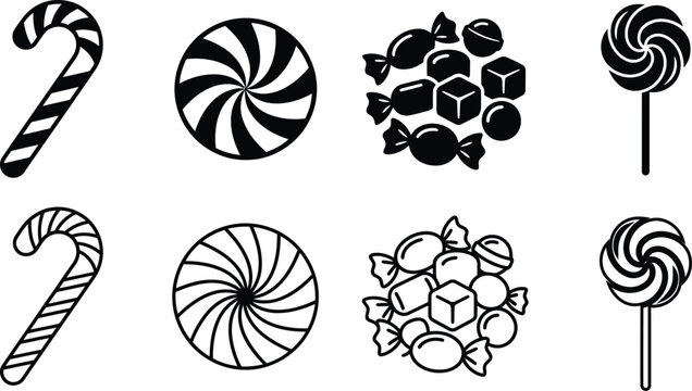 Set of hand drawn black and white christmas candy icons featuring peppermint swirls and lollipops for holiday designs