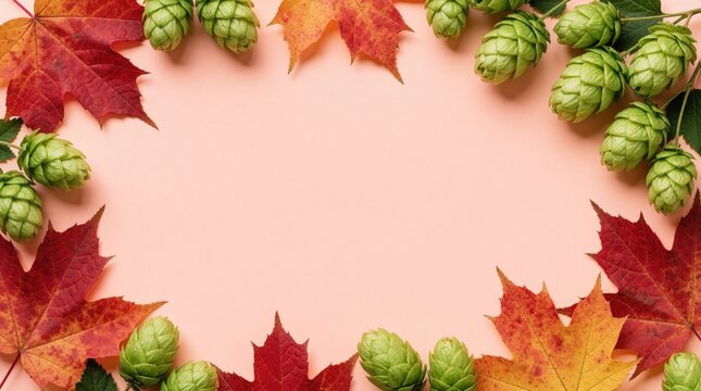 Vibrant autumn maple leaves, fresh green hop cones form border on peach background. Top view flat lay with copy space for seasonal design. Organic plant elements create natural frame for craft beer
