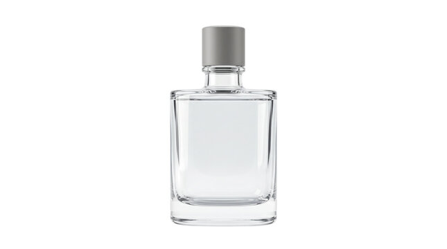 Glass bottle mockup with silver cap, isolated on white background, 3D render for cosmetic or beverage branding design