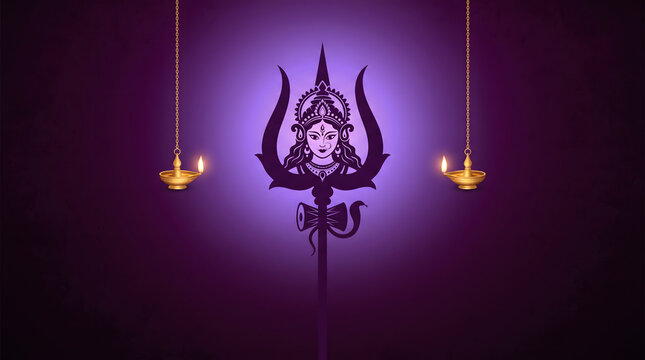 Durga face on trident outline symbol with two hanging diya lamp on purple background art