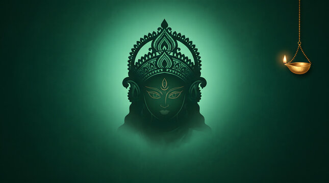Durga face outline goddess crown on emerald green background with glowing diya lamp mobile wallpaper