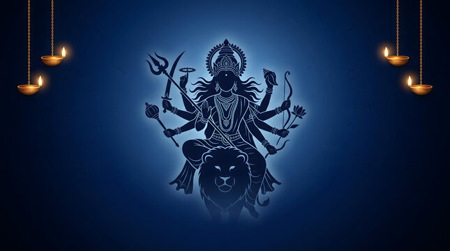 Durga goddess outline sits on lion with trident sword and bow glowing blue night wallpaper design