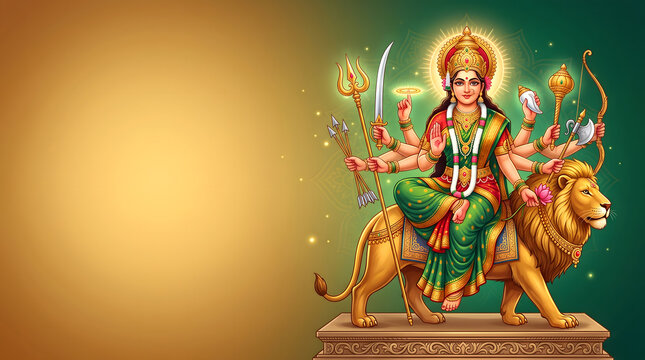Durga goddess statue stands on lion with sword trident and bow green gold temple background