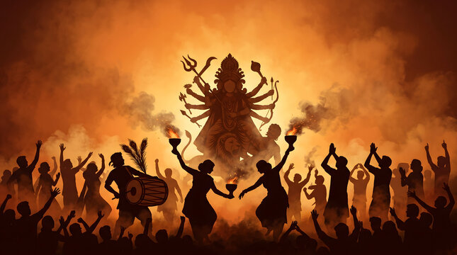 Crowd celebrates durga puja with dhol drummer dancing under smoky orange festival evening sky scene art