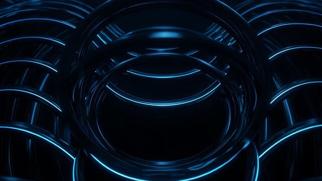 Abstract blue neon rings forming a fluid wave pattern in dark space with subtle camera drift