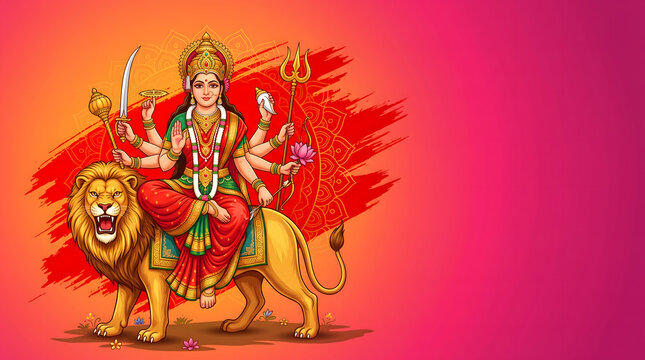 Durga goddess rides golden lion holding sword and trident against vibrant red pink mandala backdrop design