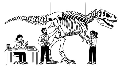 Paleontologists researching dinosaur skeleton and ancient fossils black white vector © Md Humaun