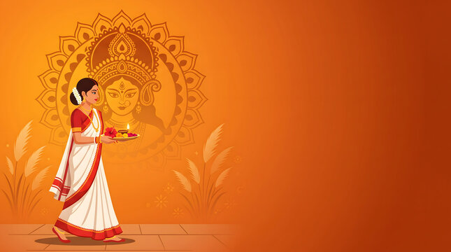 Woman carries diya and flower plate walking before durga goddess face mandala orange background art