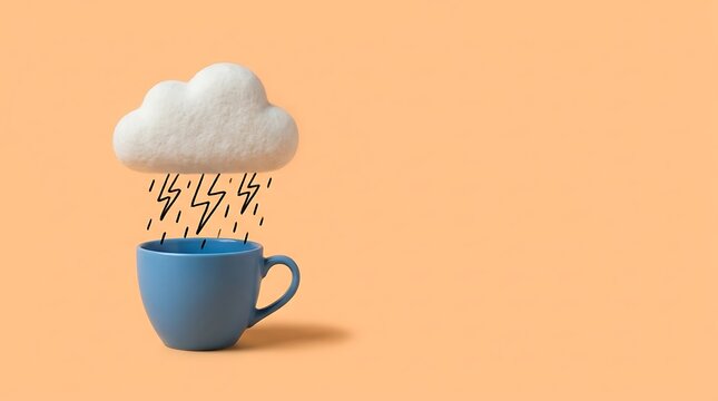 A fluffy white cloud raining black lightning bolts into a blue coffee cup on a light peach background