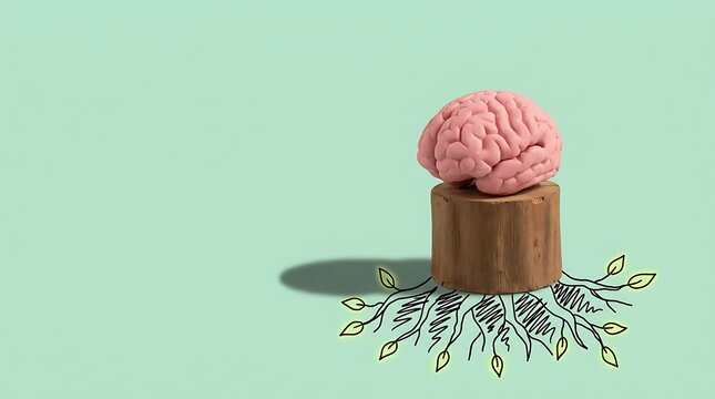 Brain model resting on a wooden log with illustrated roots on green background symbolizes deep thinking and memory