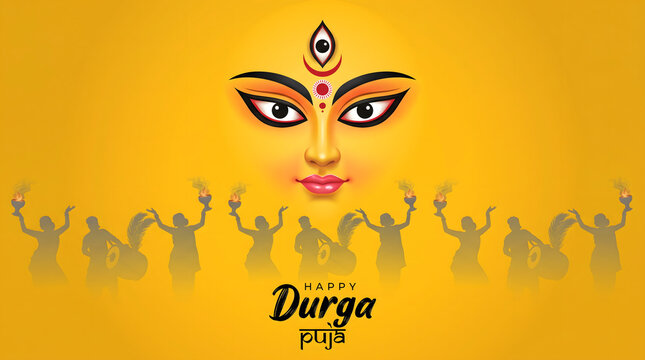 Durga goddess face with third eye glows over yellow background beside dancing dhol procession row