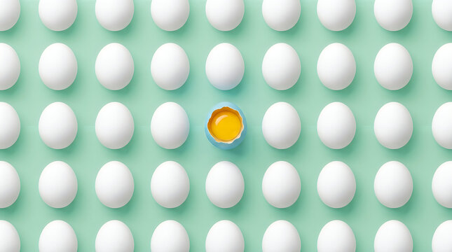 One raw egg yolk in shell among many white eggs on light green background with ingredient