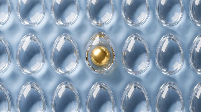 One golden egg among many clear plastic eggs on blue surface with translucent