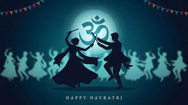 Couple dance dandiya garba beneath glowing om symbol and full moon dark night scene design