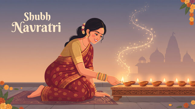 Woman kneels lighting row of diya lamp during shubh navratri evening temple scene wearing traditional saree jewelry