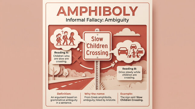 Infographic diagram illustrating the logical fallacy of Amphiboly, showing two interpretations of 'Slow Children Crossing' sign in a suburban setting
