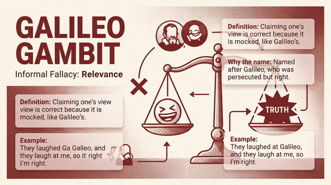 Infographic explaining Galileo Gambit fallacy concept featuring a classic balance scale illustration against a textured background with text boxes detailing definition and example