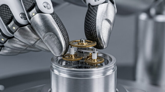 Robotic Hand Assembling Precision Micro Gears in Mechanical Cylinder, Artificial Intelligence and Nanotechnology Concept
