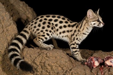 Obraz premium Small spotted genet predator walks on rocky terrain at night. Wild cat with black spots, ringed tail looks for food near raw meat. Carnivore hunts in dark outdoors. Genetta genetta animal rests near