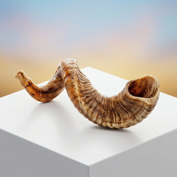 Traditional Jewish Shofar Ram Horn on a White Pedestal for Rosh Hashanah and Yom Kippur