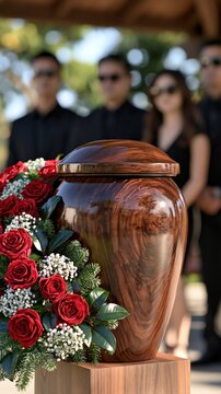 Elegant wooden cremation urn with a vibrant red rose wreath in a solemn outdoor memorial service with mourners dressed in black in the background