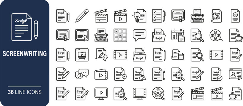 Set of thirty six line art icons for screenwriting